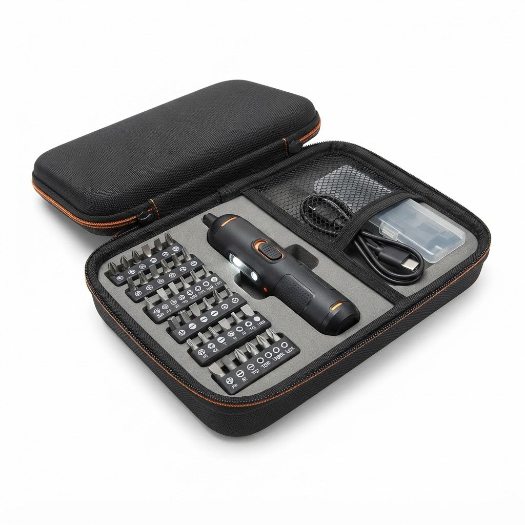 Cordless electric screwdriver kit in open case with bits and USB cable