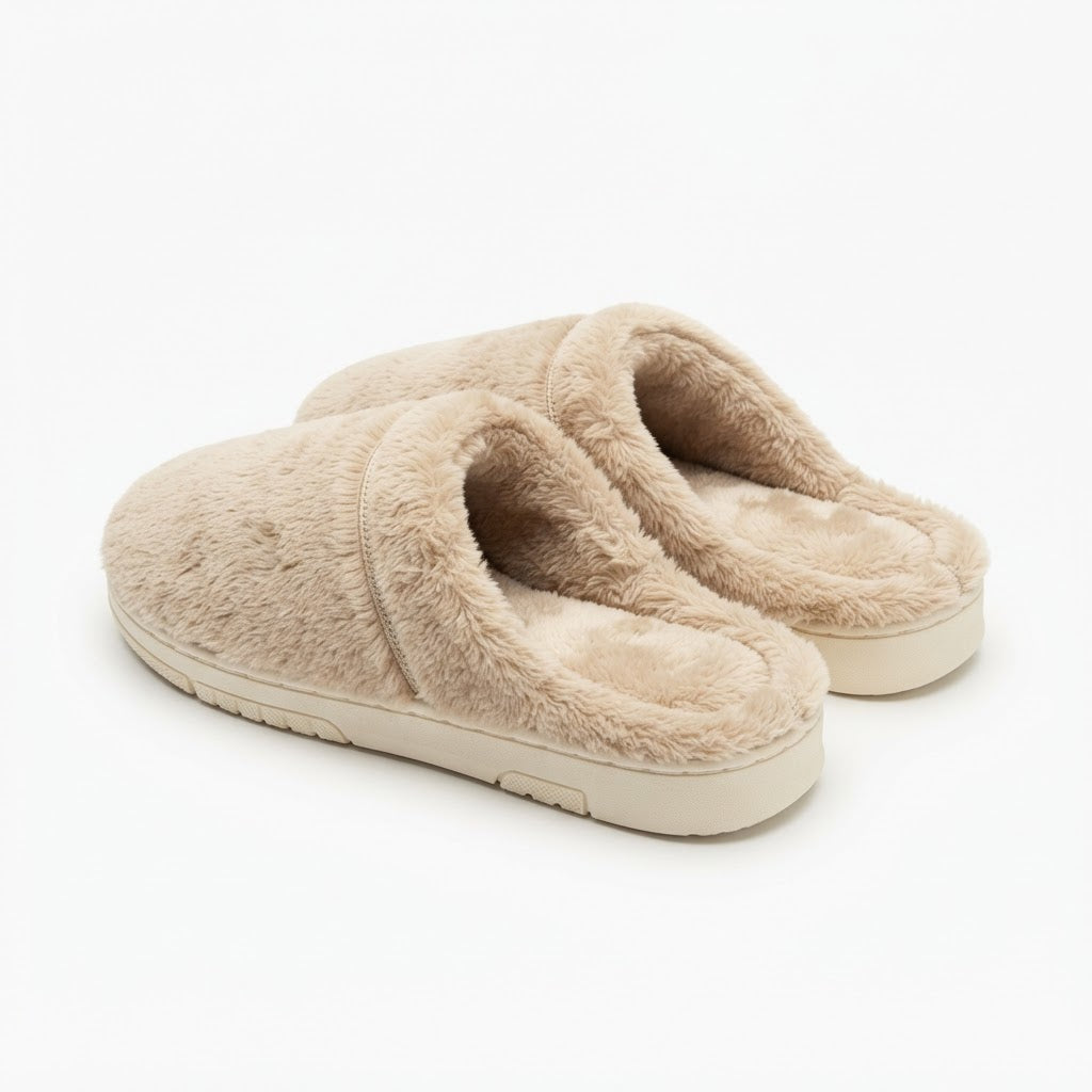 Fuzzy beige memory foam house slippers pair