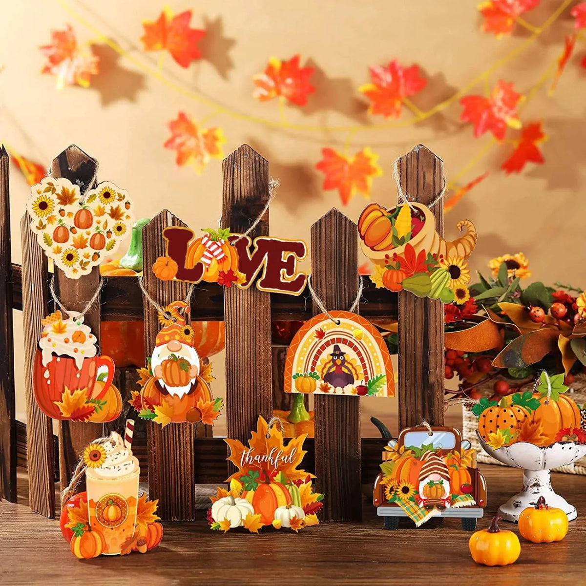 Wooden Fall Decor Sign Set — Pumpkin & Turkey Thanksgiving Hanging Plaques — Everything Epicurean