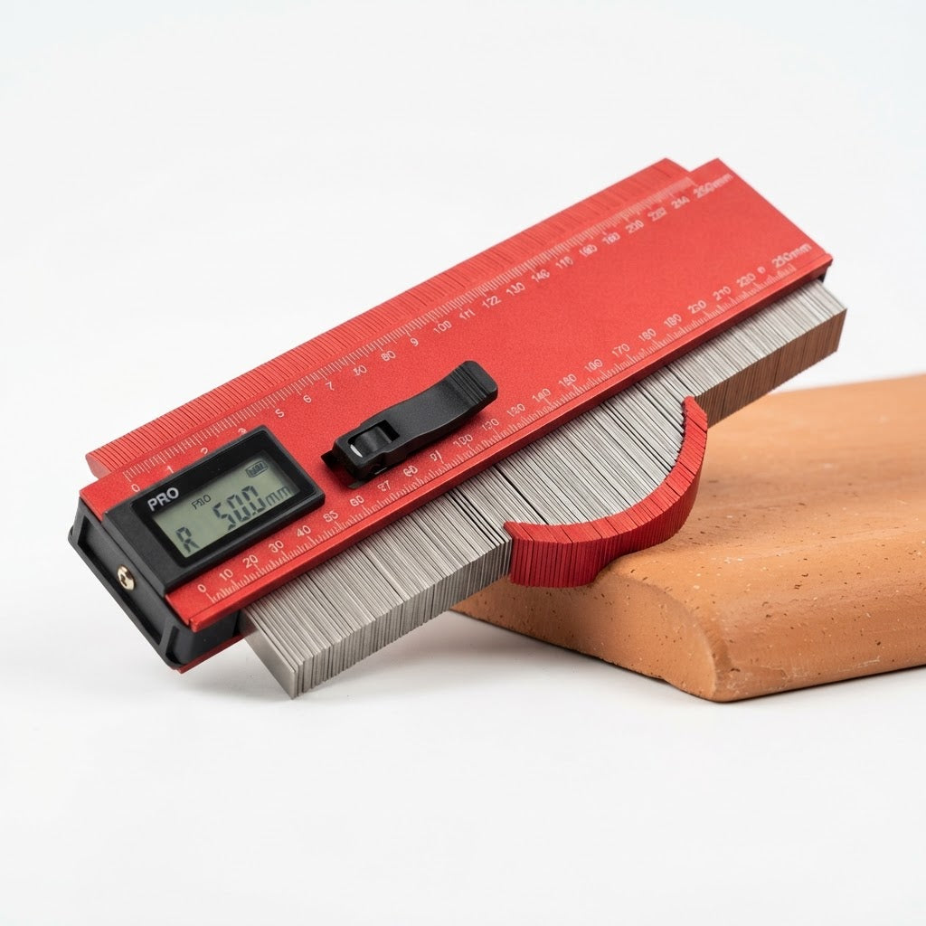 Red digital contour gauge tool locking the shape of a rounded tile edge