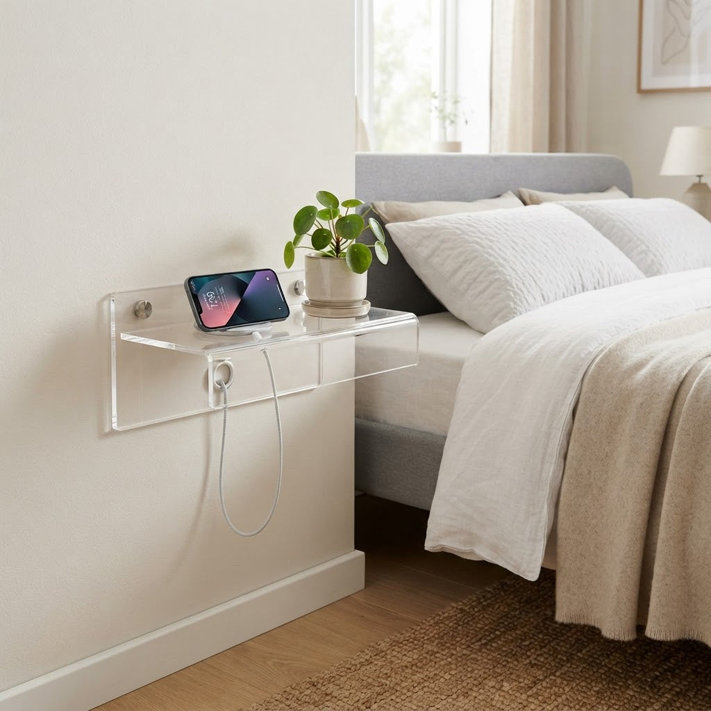 Clear acrylic floating bedside shelf holding a phone with cable ports