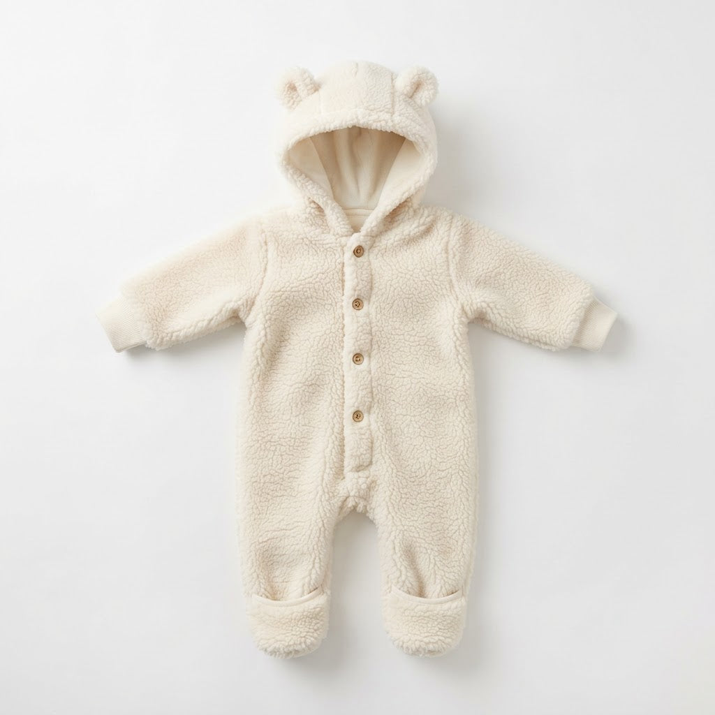 Cream baby fleece bear romper with bear-ear hood laid flat