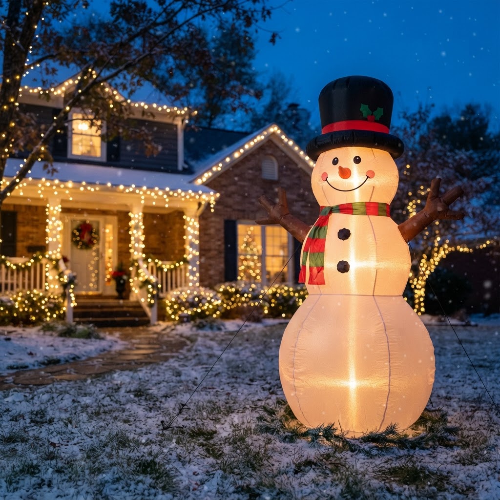 Six-foot inflatable LED snowman glowing on a front lawn at twilight