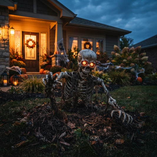 Animated skeleton groundbreaker rising from a lawn at night with glowing eyes