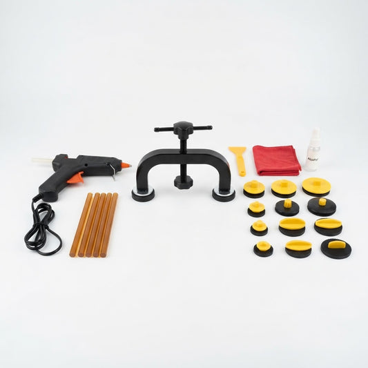 Car dent repair bridge puller kit with glue gun and tabs