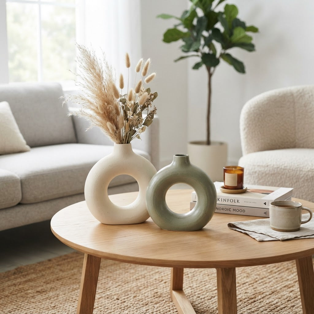 Nordic cream and sage ceramic donut vase set of two with dried stems