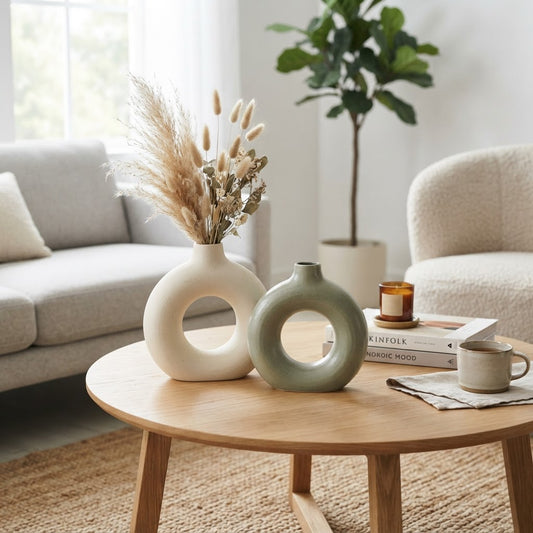 Nordic cream and sage ceramic donut vase set of two with dried stems