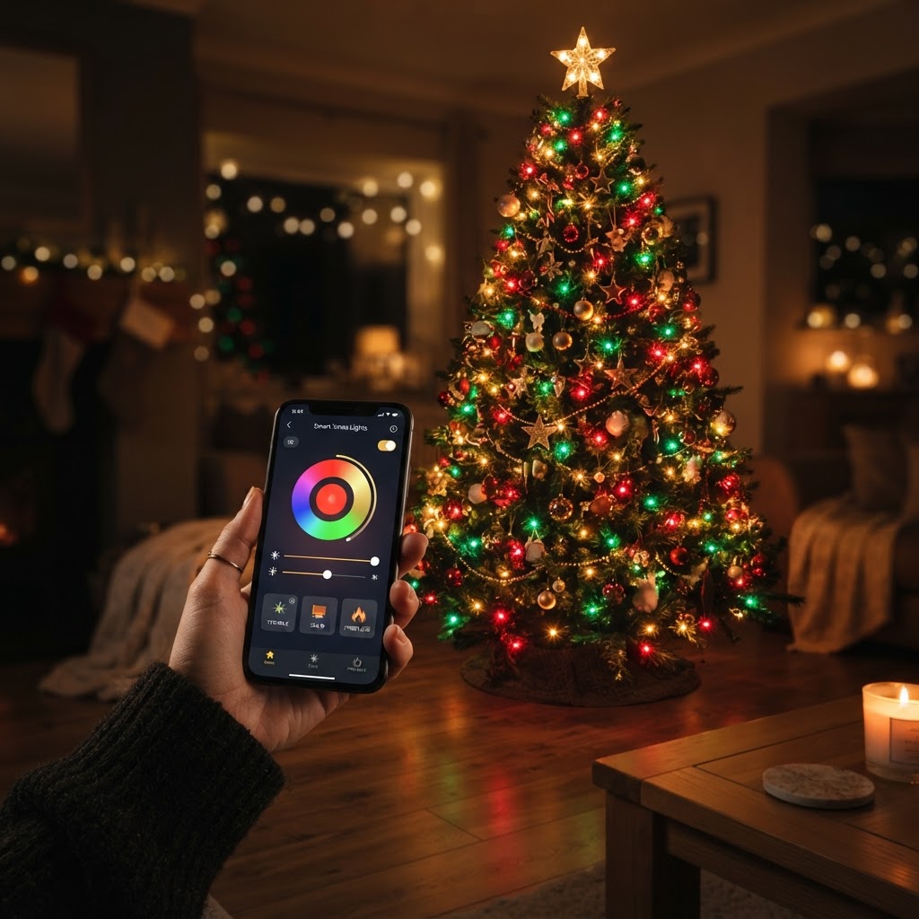 Smart RGB app-controlled Christmas tree lights in red, green and gold on a decorated tree