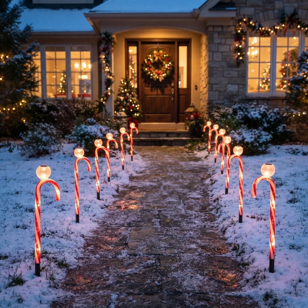 Solar candy cane pathway lights glowing along a snowy walkway at dusk