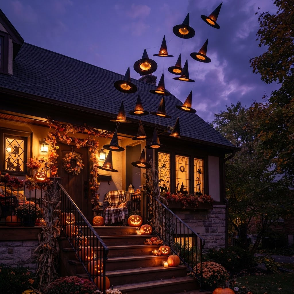 Black LED-lit witch hats floating in mid-air over a porch at dusk