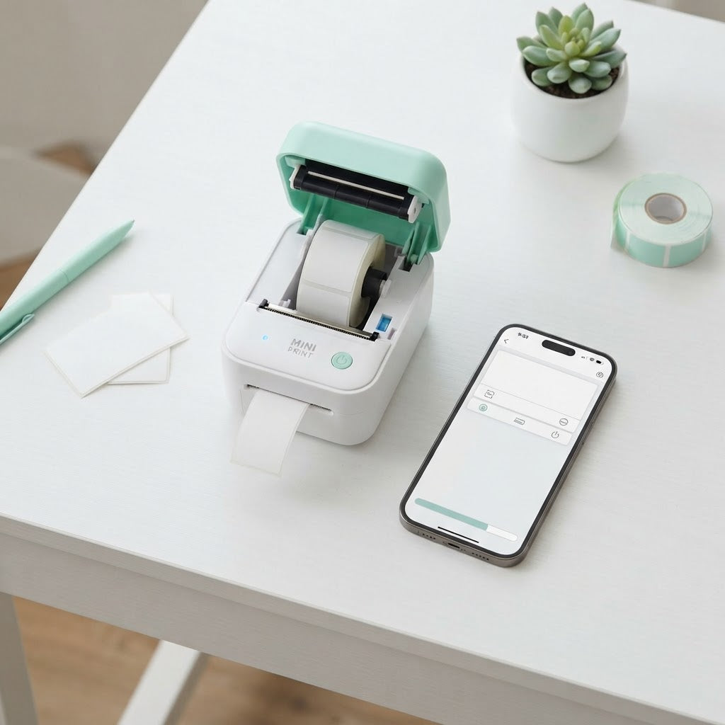 Mini white and mint thermal label maker printing a label on a desk