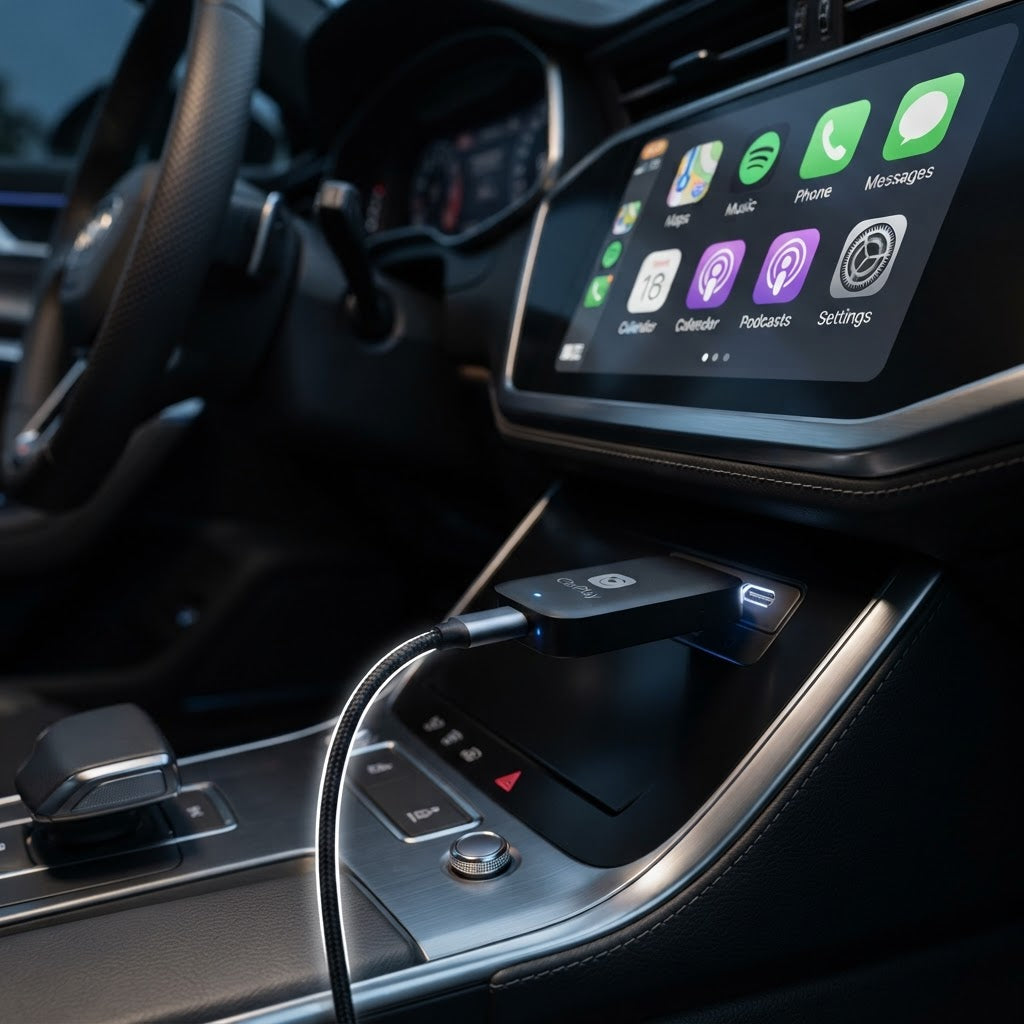 Wireless CarPlay adapter dongle plugged into a car dashboard touchscreen