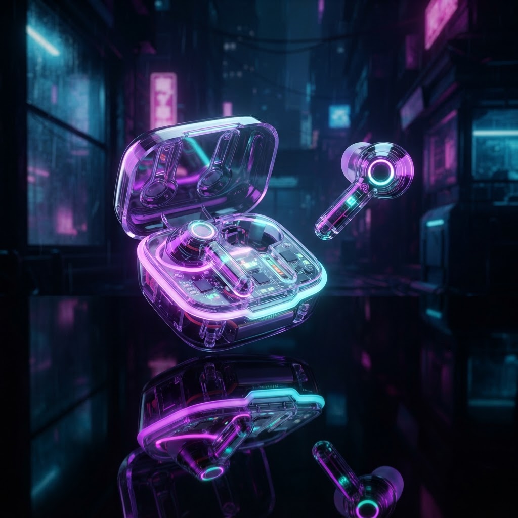 Transparent RGB wireless gaming earbuds with glowing charging case