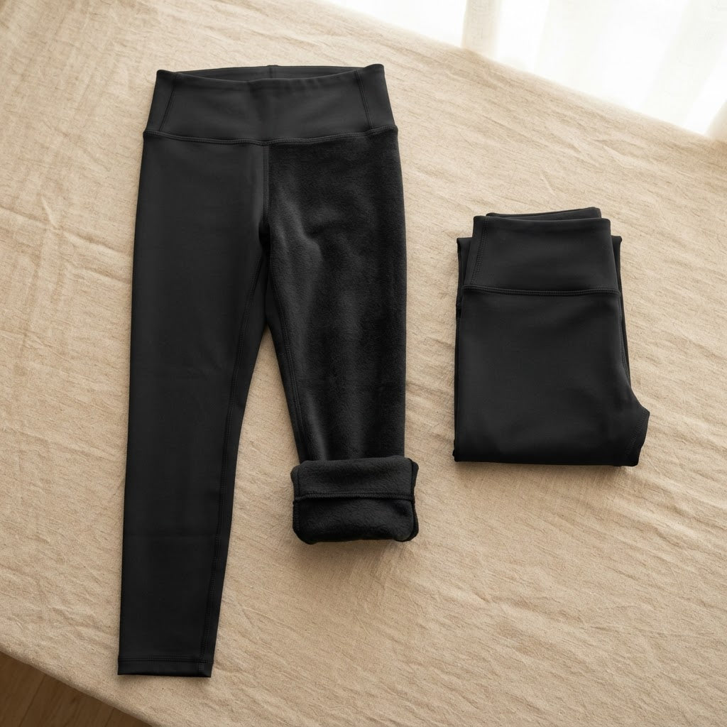 Black thermal fleece-lined womens leggings laid flat showing soft brushed interior