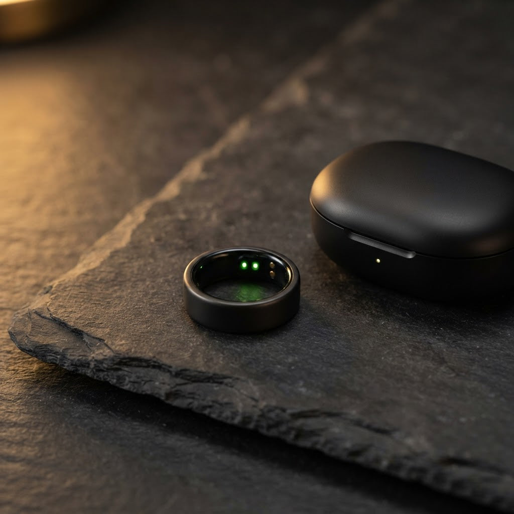 Matte black titanium smart health ring with charging case on dark stone surface
