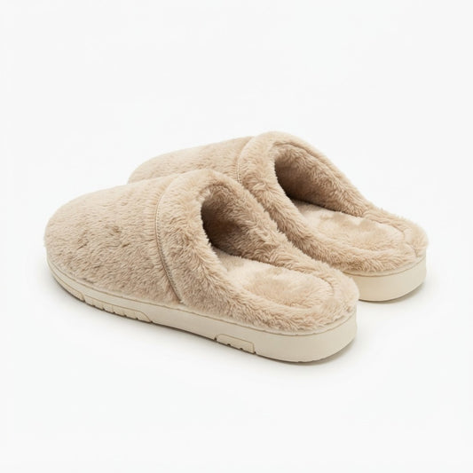Fuzzy beige memory foam house slippers pair