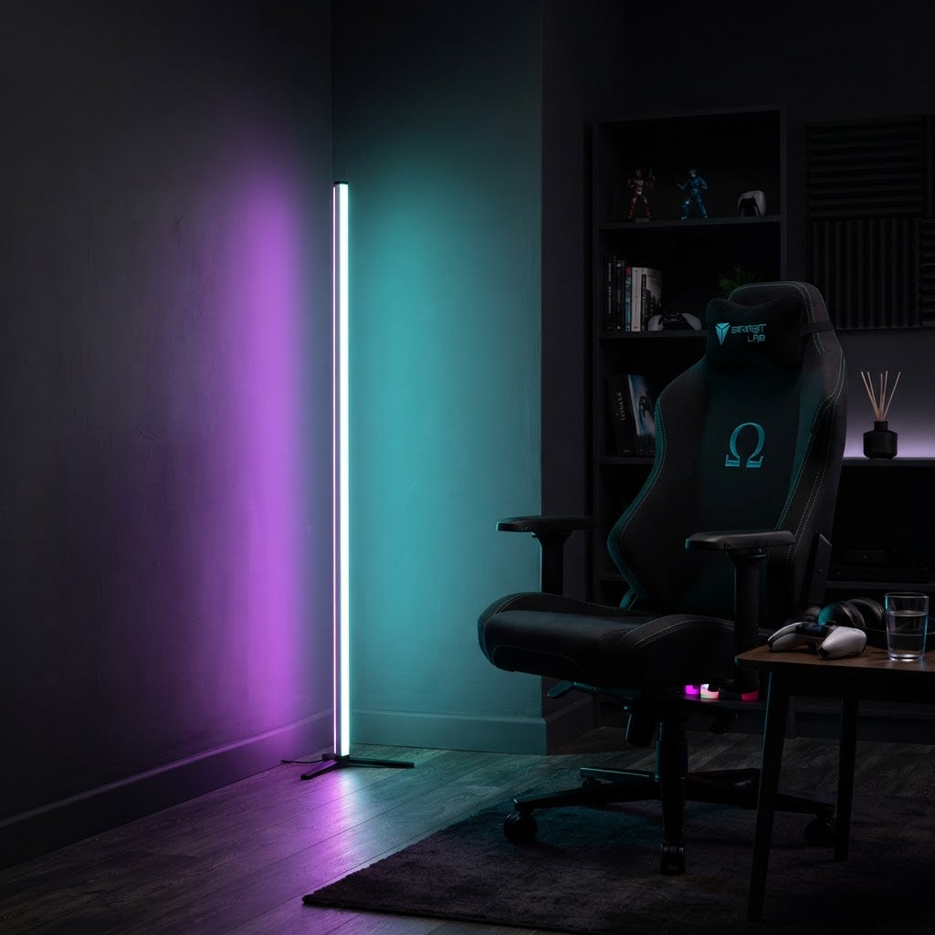 Nordic RGB corner floor lamp glowing purple and teal in a dark room