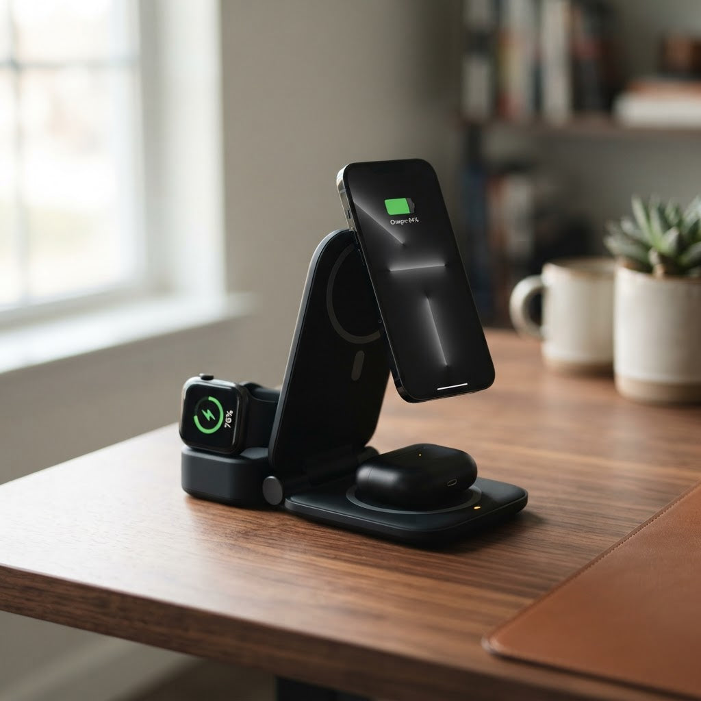 Black folding 4-in-1 MagSafe wireless charging station charging phone, earbuds and watch on a wood desk