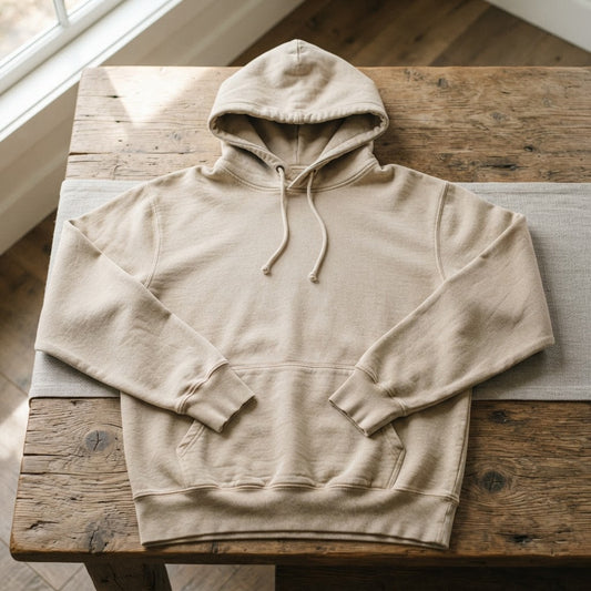 Oatmeal colored heavyweight vintage-wash mens hoodie laid flat on wood bench