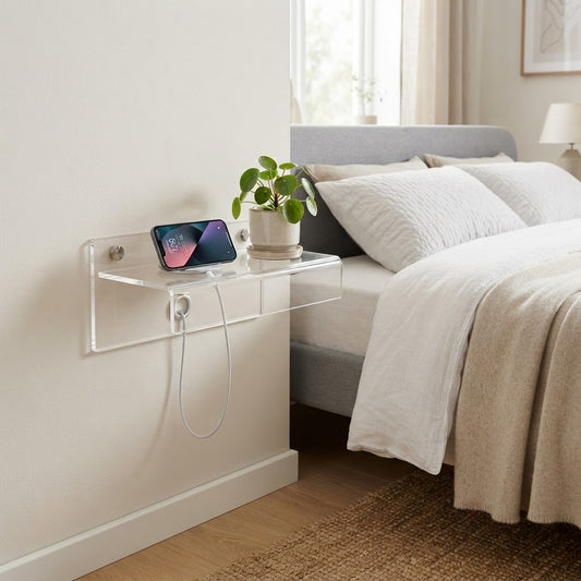 Clear acrylic floating bedside shelf holding a phone with cable ports