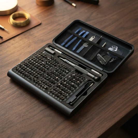 128-in-1 precision screwdriver kit opened on a walnut workbench